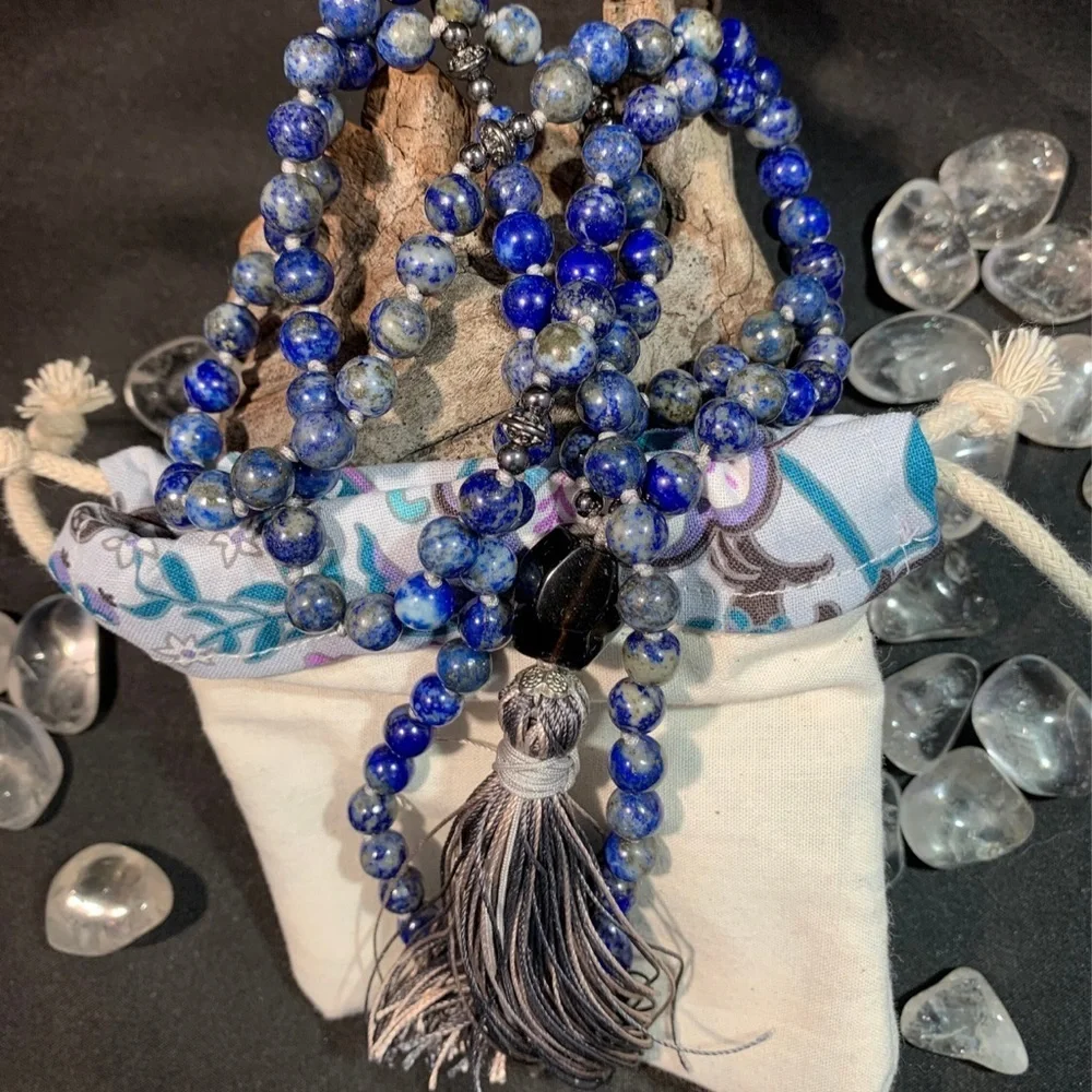 Handmade Silk Thread Knotted Lapis Lazuli Mala 108 / Yoga Meditation Necklace - Picture 6 of 8